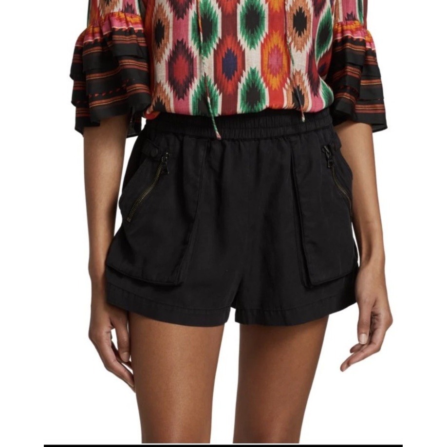 Alice + Olivia Britney High-Waist Zip Pocket Utility Shorts L Black Linen Tencel